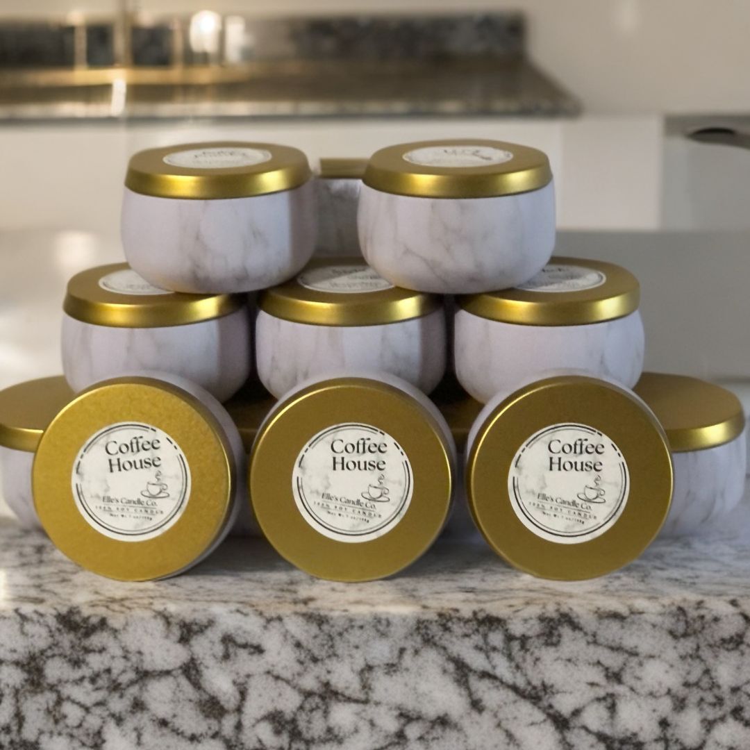 Coffee House soy candle in a glass jar, scented with brewed coffee and vanilla, styled with cozy neutral tones.